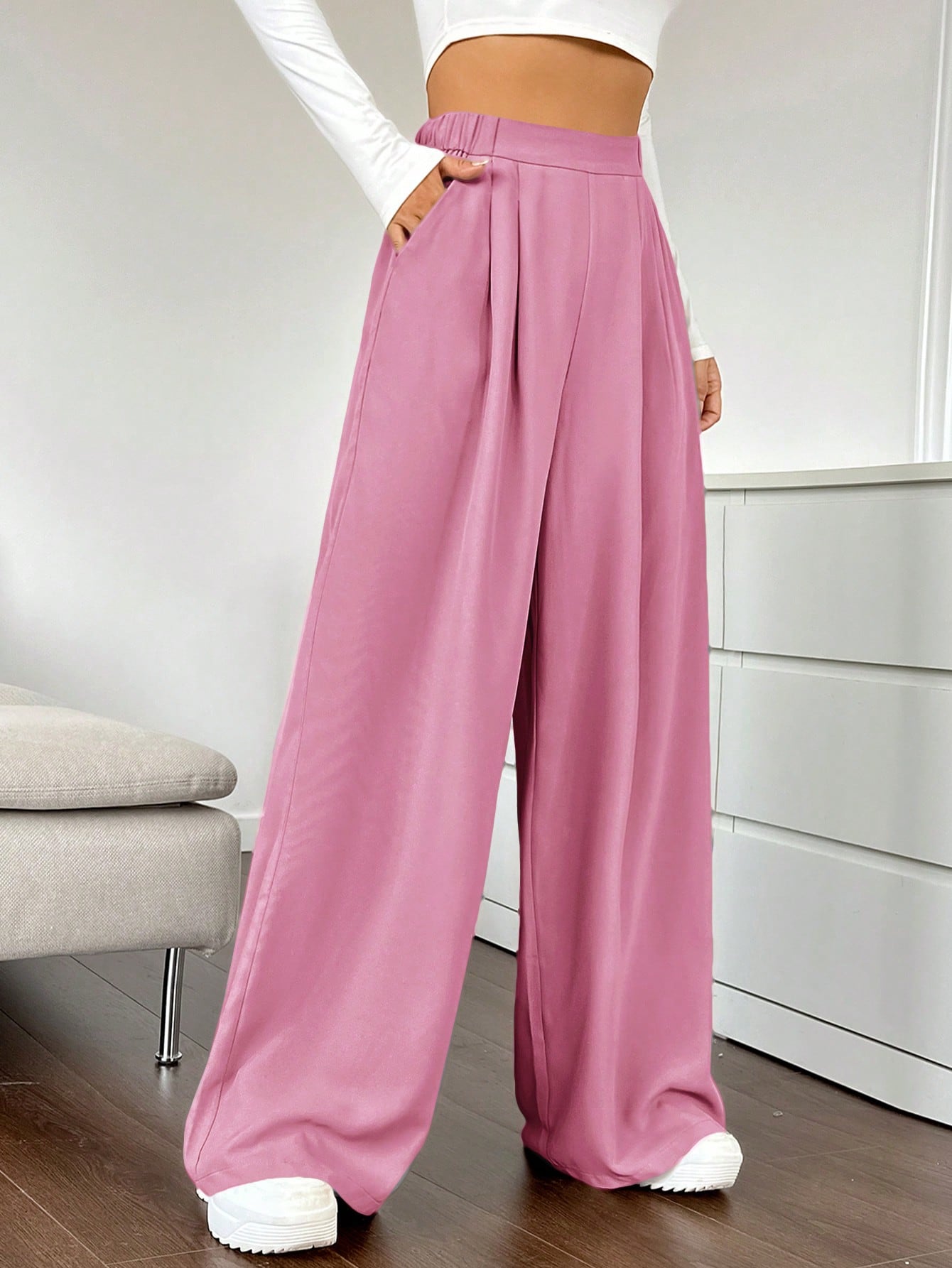 Women's Solid Color Pleated Wide Leg Pants