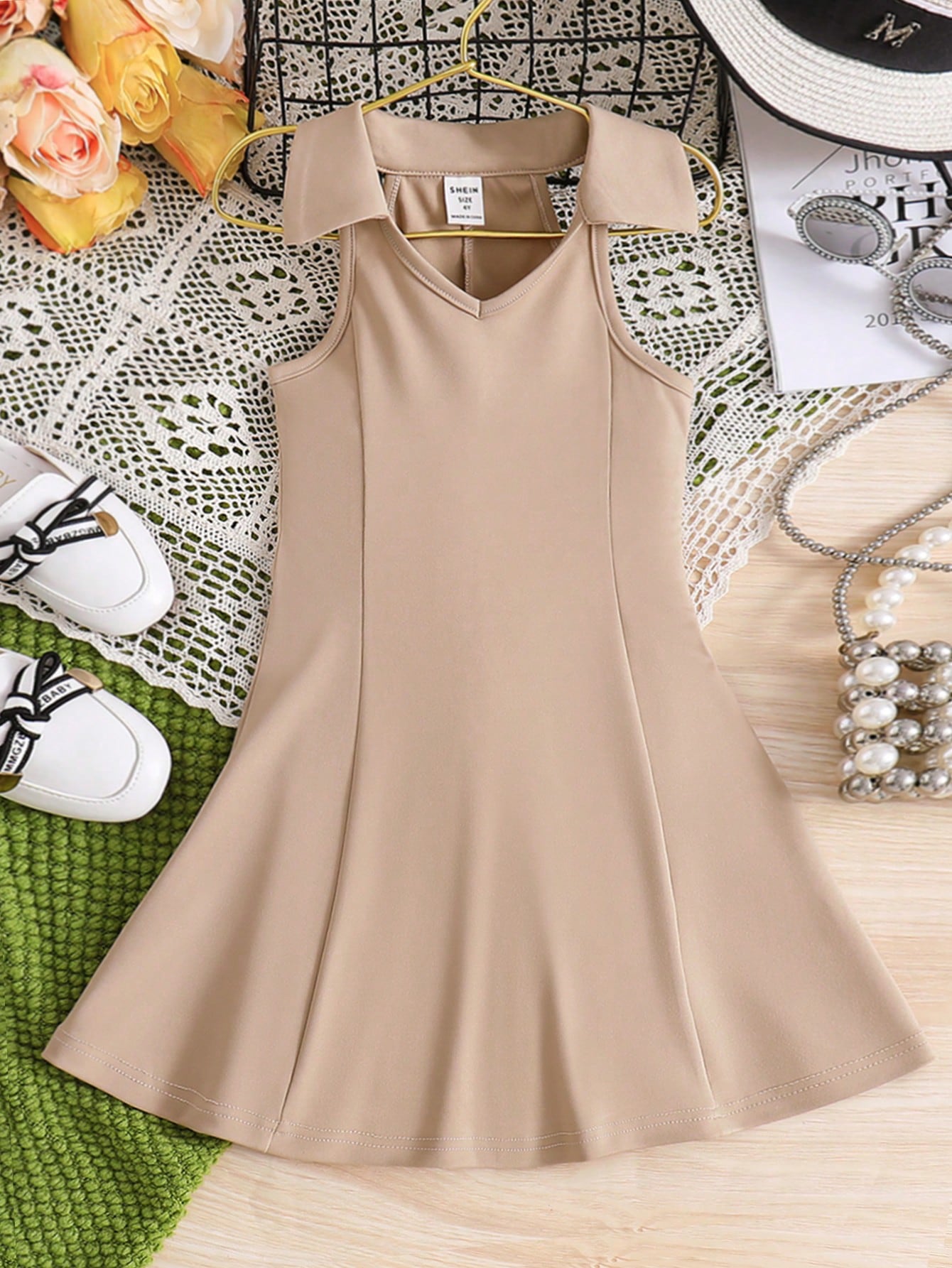 Young Girl Casual V-Neck Sleeveless Knitted Dress, Solid Color A-Line And Simple Design School Outfit