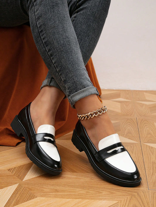 Women's Round Toe Thick Platform Loafers, Black And White Two-Tone, Flat Shoes For Spring And Autumn