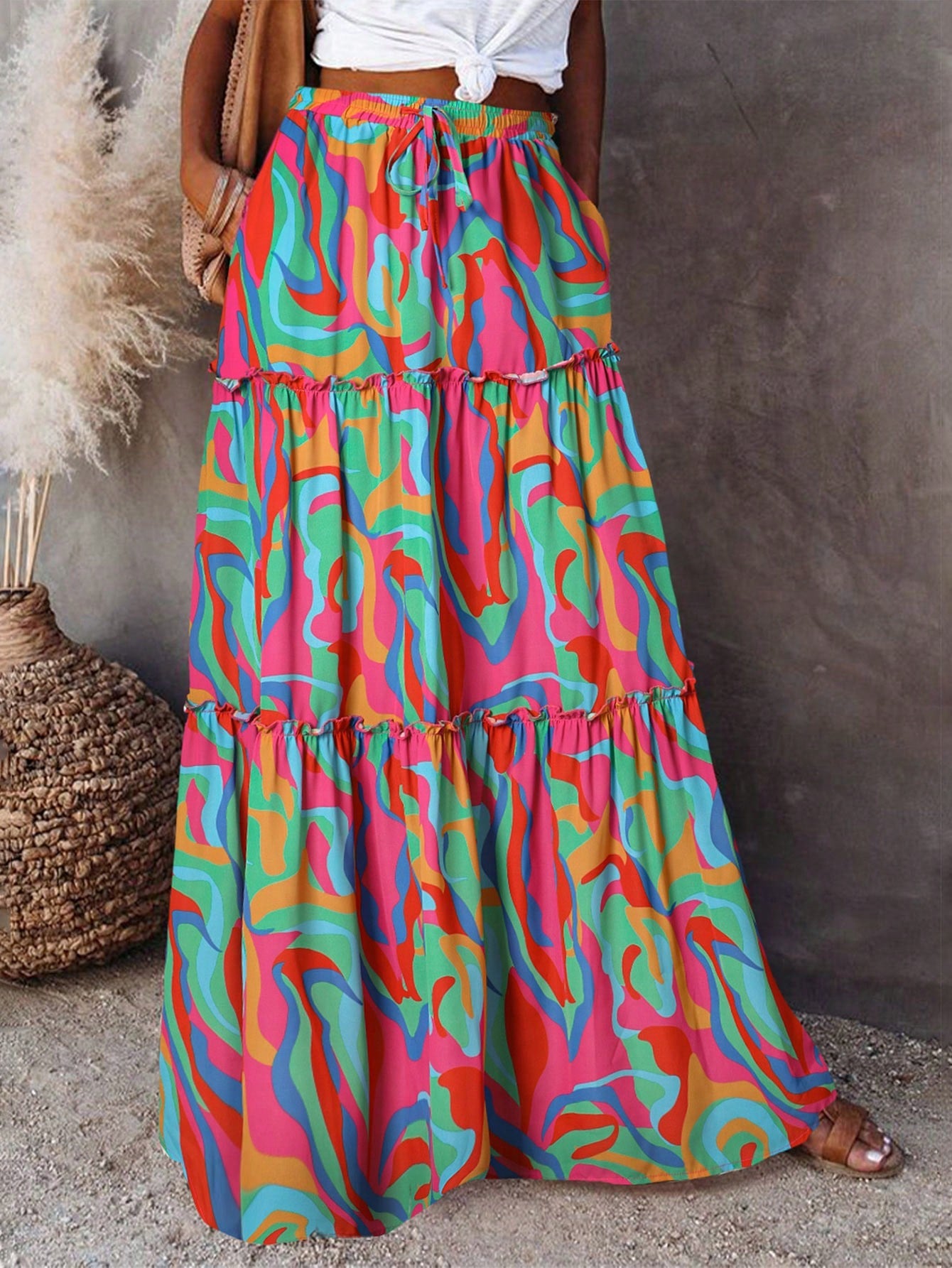 Boho Abstract Print Long Elastic Waist A Line Skirt With Pockets