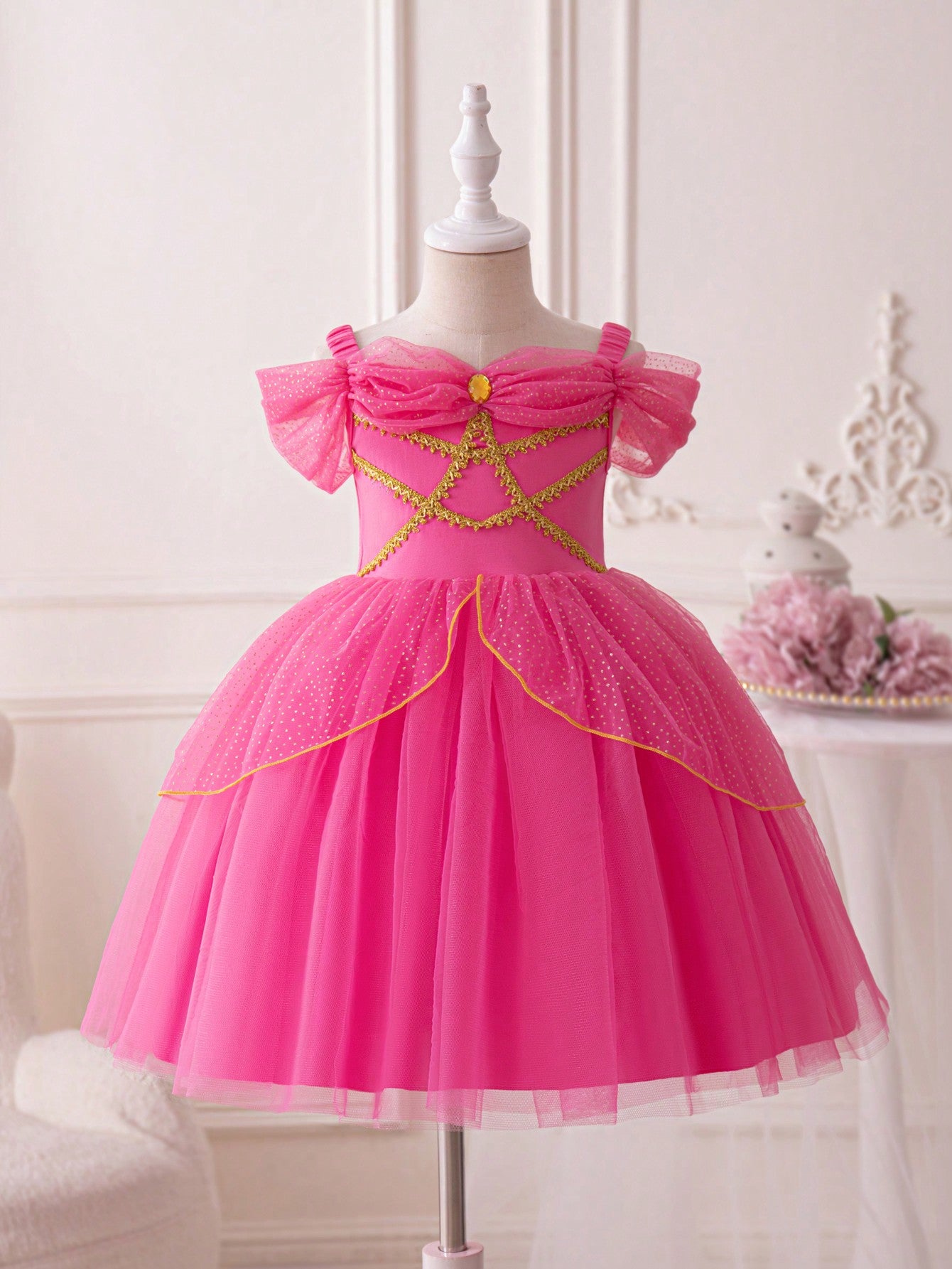 Young Girl's Mesh & Ribbon Patchwork Off-Shoulder Cami Princess Party Dress