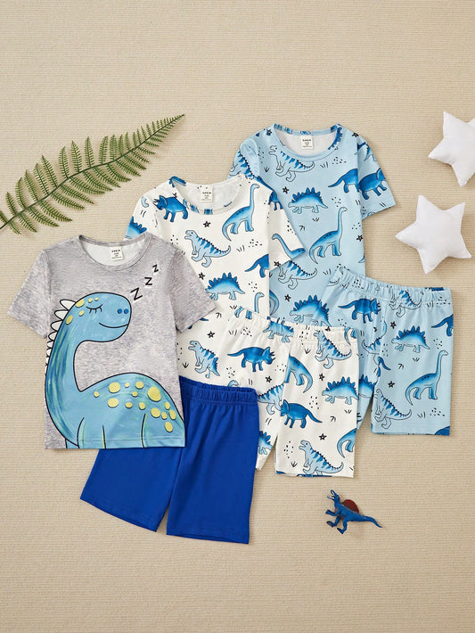 Young Boy 6pcs Cute Cartoon Dinosaur Printed Round Neck Snug Fit T-Shirt And Shorts Set, Home Wear