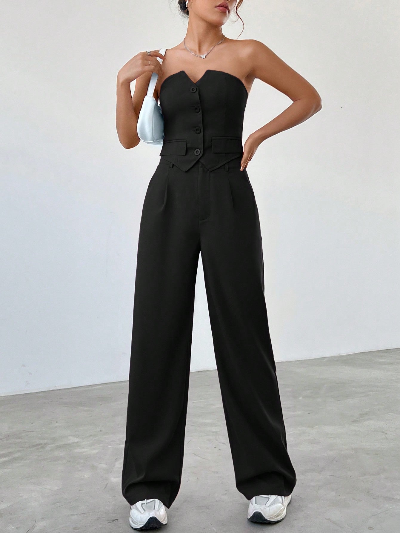 Women Summer Loose Casual Two-Piece Set With Single-Breasted Bustier With Asymmetrical Hem And Pleated Pants