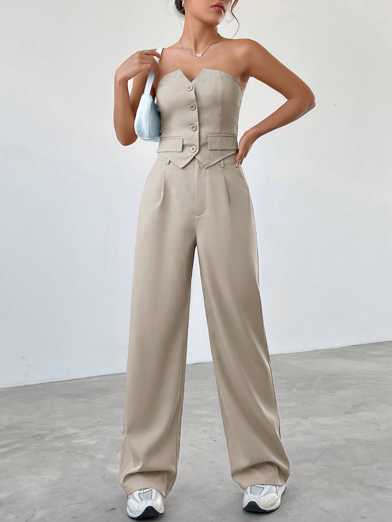 Women Summer Loose Casual Two-Piece Set With Single-Breasted Bustier With Asymmetrical Hem And Pleated Pants