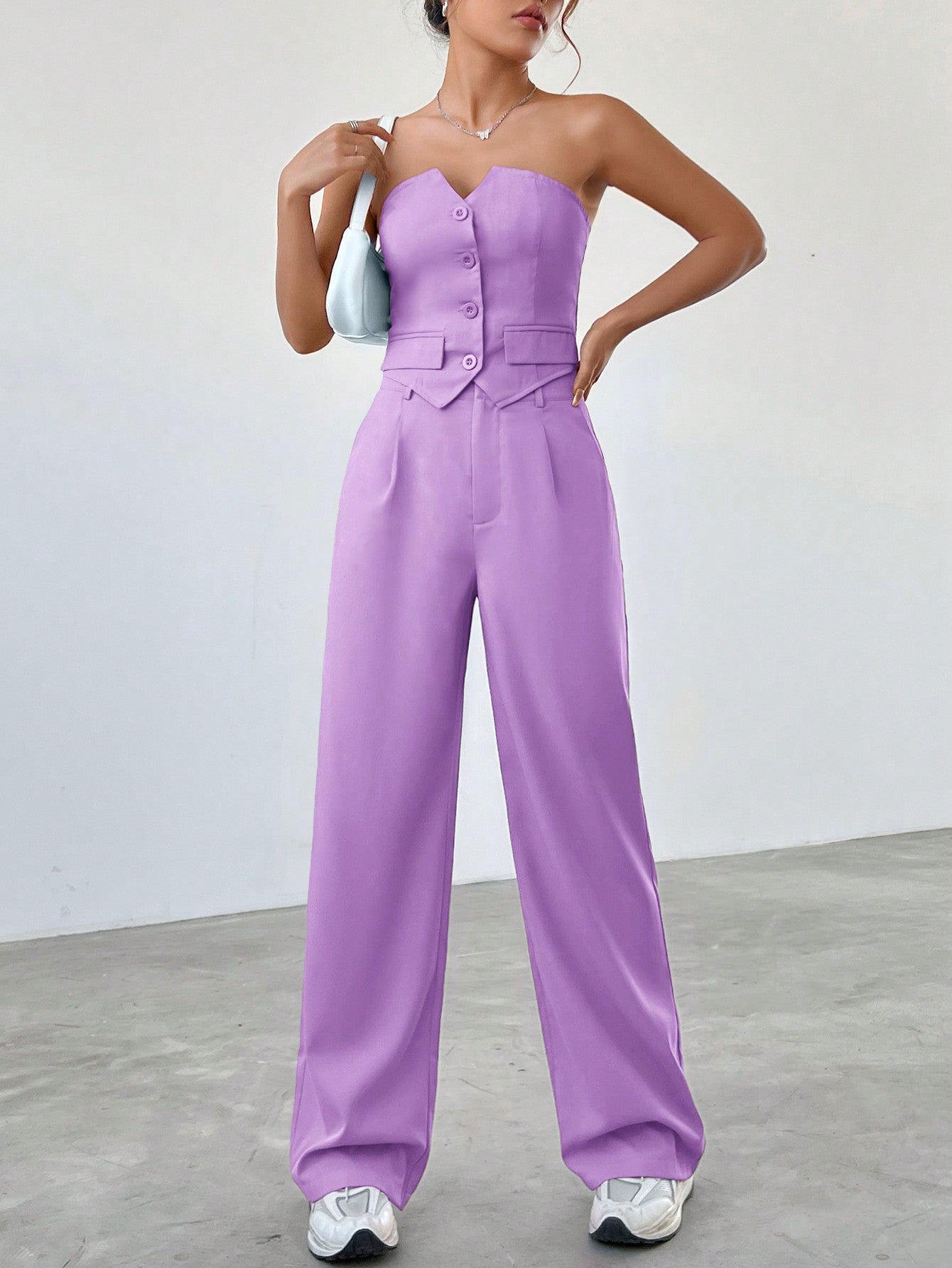 Women's Solid Color Front Button Asymmetrical Hem Top And Long Pants, Casual 2pcs/Set For Summer