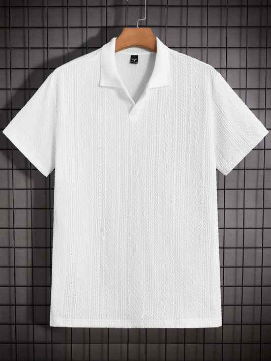 Men's Solid Color Knitted Casual Polo Shirt, Collar Plain  White Shirt