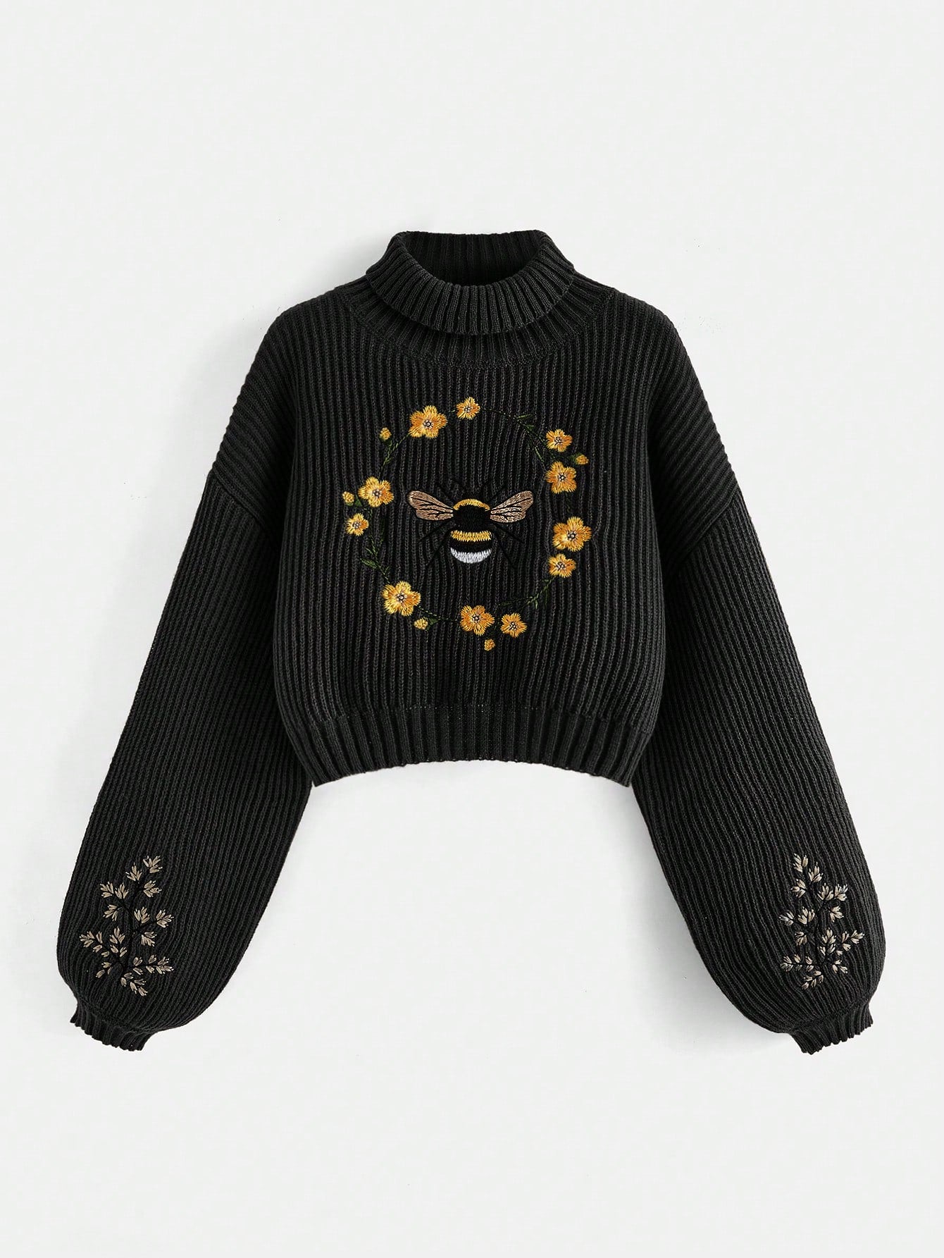 Fairycore Plus Size High Neck Sweater With Bee & Flower Embroidery