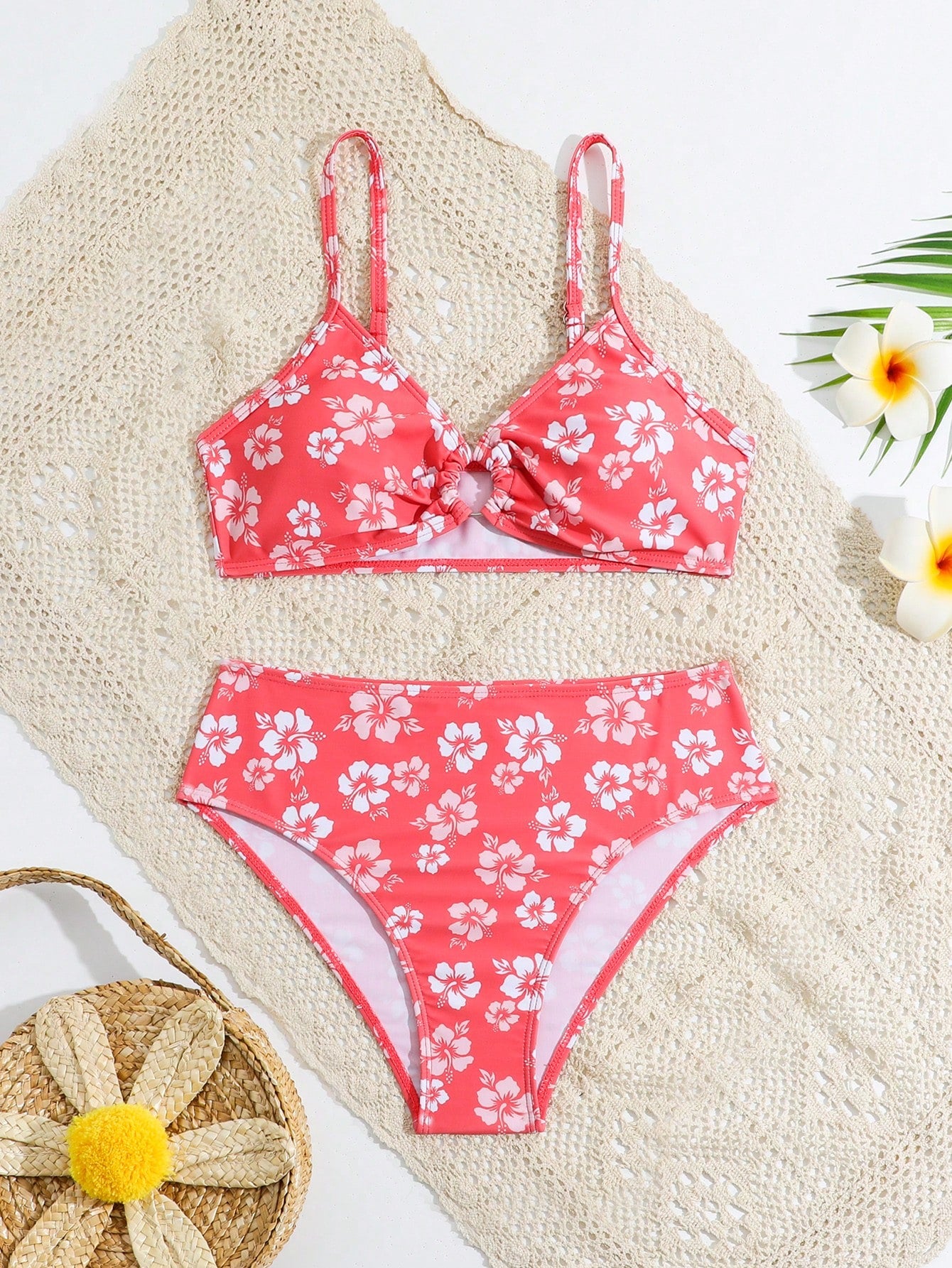 Teen Girls Floral Print Ring Linked Bikini Set Summer Beach