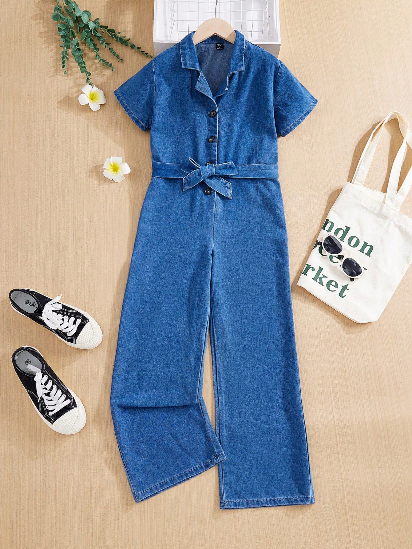 BTFBM Tween Girls' Casual Denim Short Sleeve Shirt Jumpsuit