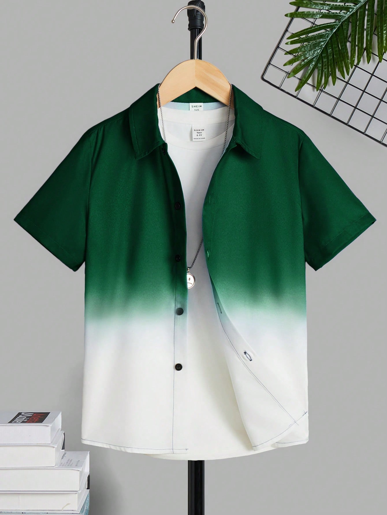 Tween Boy Vacation Style Gradient Print Turn-Down Collar Short Sleeve Woven Shirt