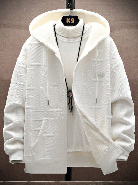 Men Letter Embossed Drop Shoulder Hooded Jacket Without Sweater