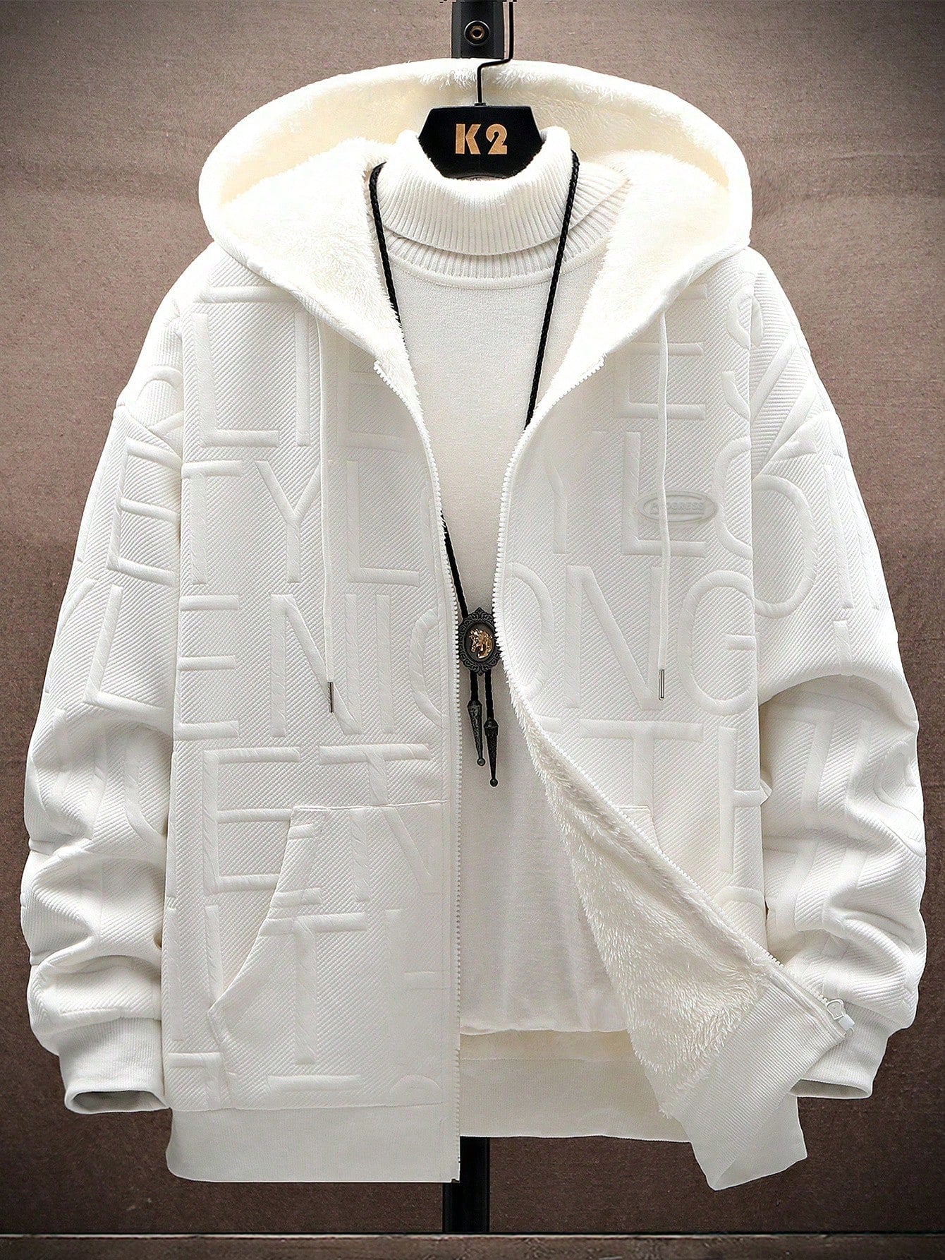 Men Letter Embossed Zip Up Thermal Lined Hooded Jacket Without Sweater