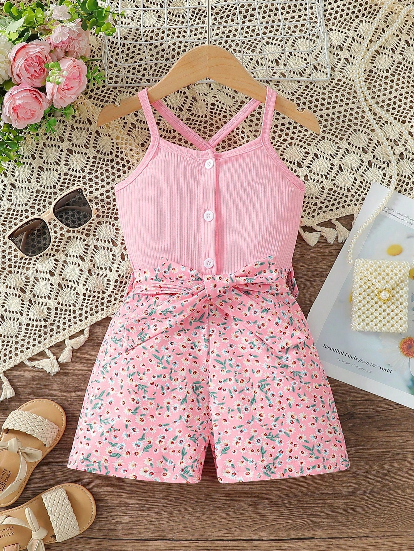 Young Girl Floral Print Criss Cross Belted Cami Romper