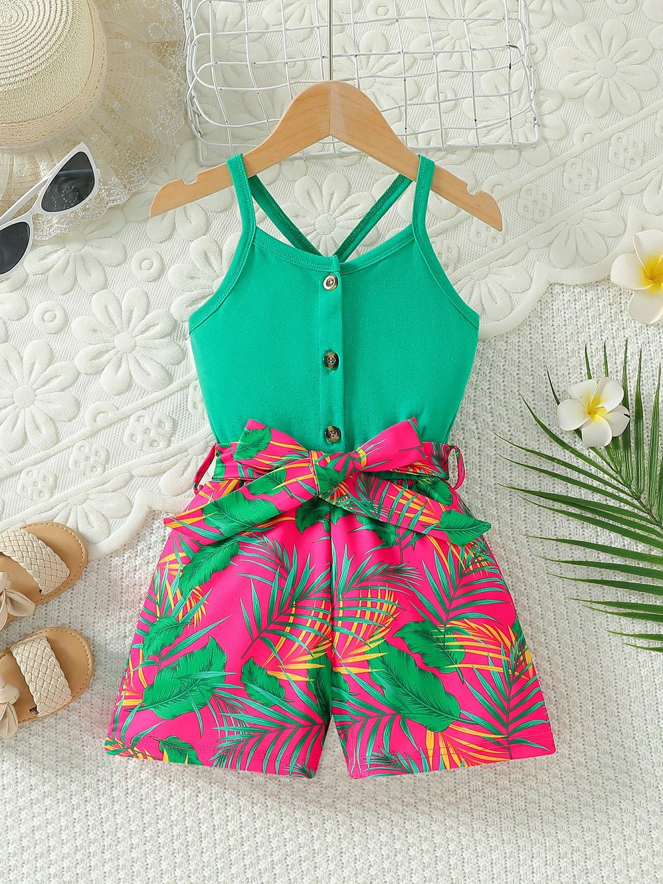 Young Girl Floral Print Criss Cross Belted Cami Romper