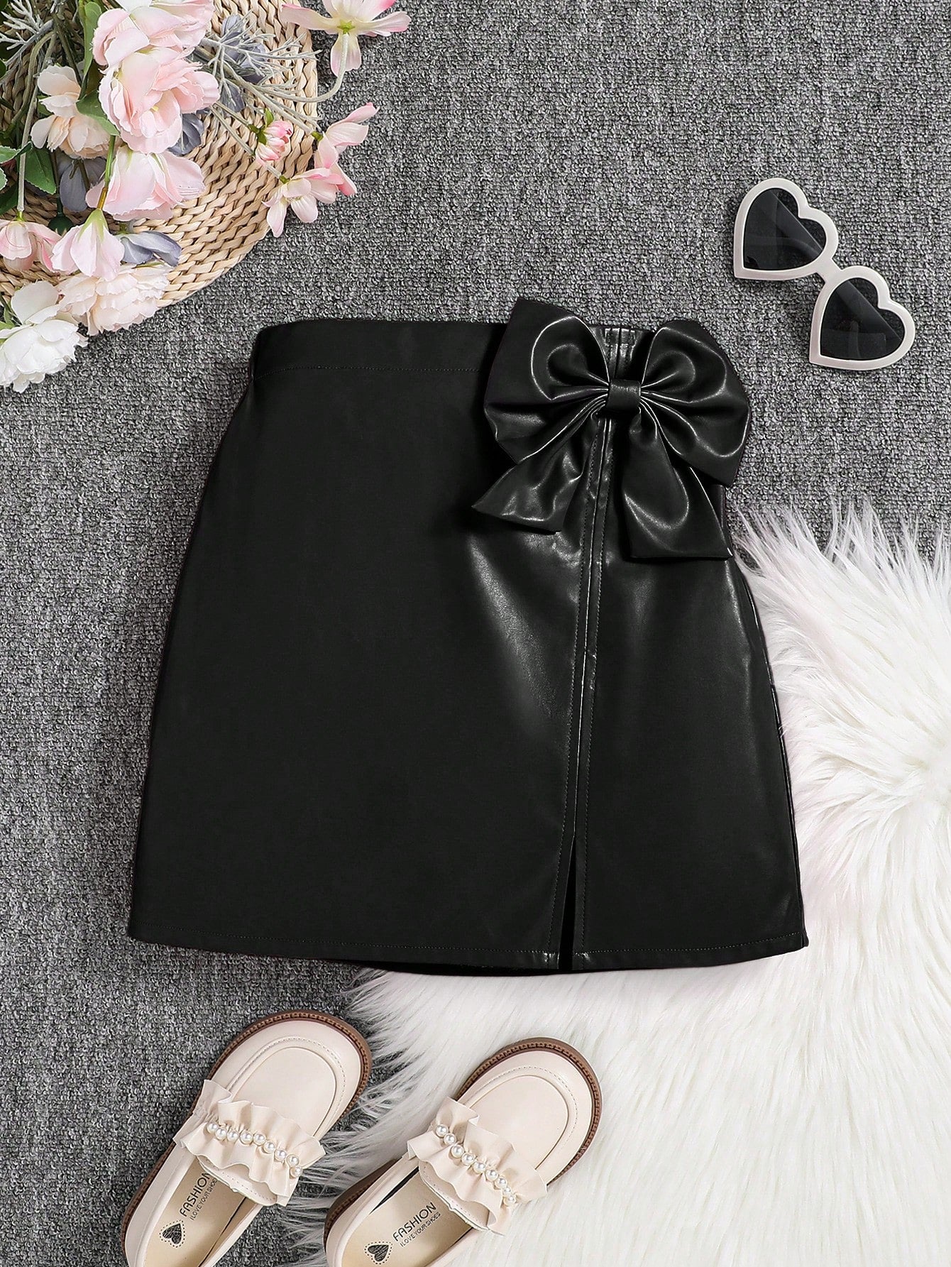 Tween Girls' Streetwear Pu Leather Solid Color Skirt With Athletic Style