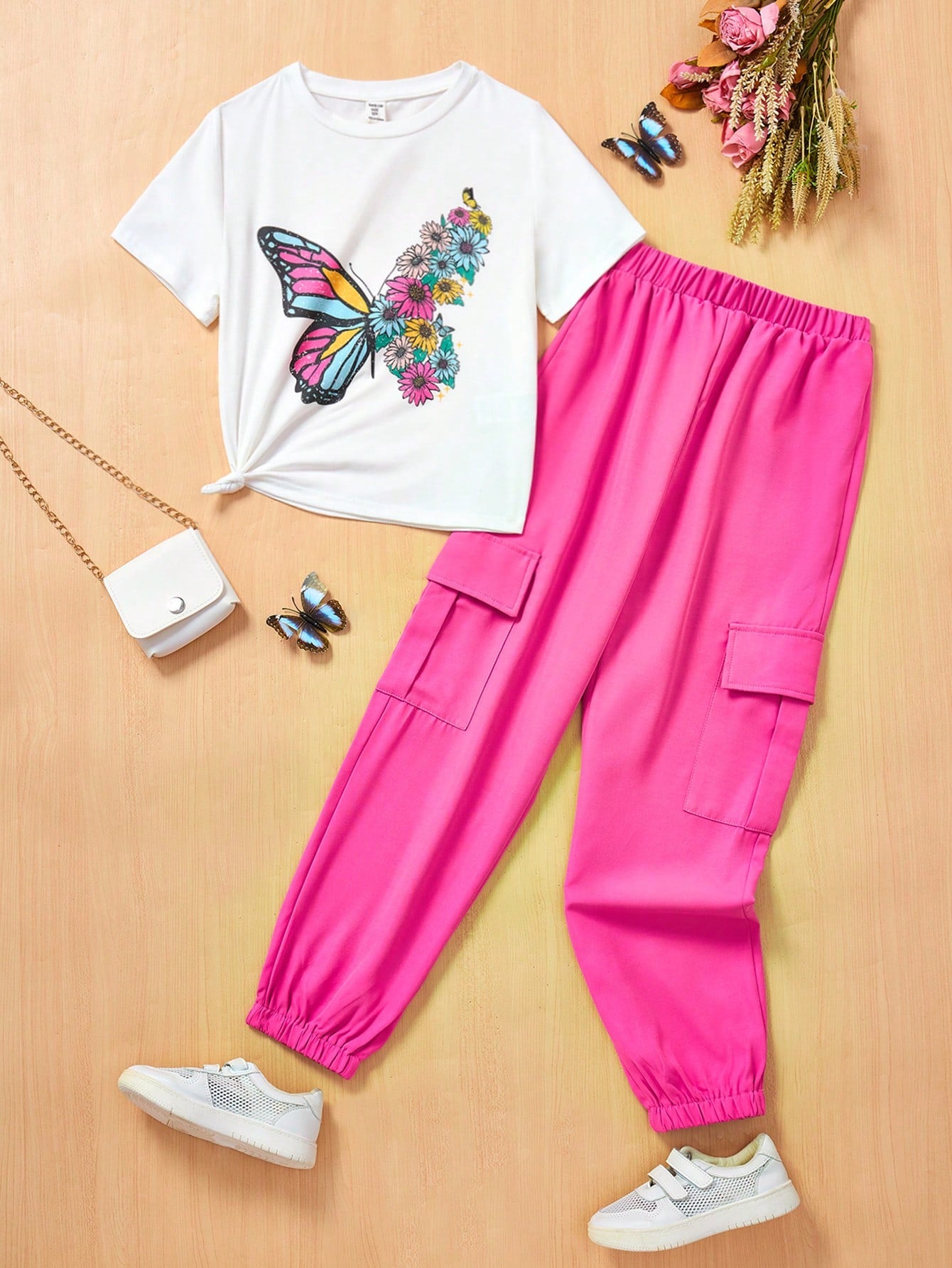 Tween Girls' Knitted Butterfly Pattern T-Shirt And Woven Cuffed Pants Casual 2pcs Outfit