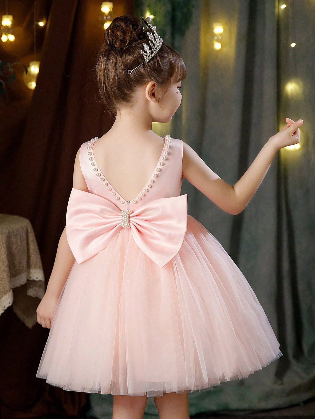 Young Girls' Pearl Butterfly Bowknot Formal Dress, Suitable For Birthday Party, Dance Party, Banquet, Festival And Wedding, Elegant Daily Wear, Stage Show, Fashion Show, Performance