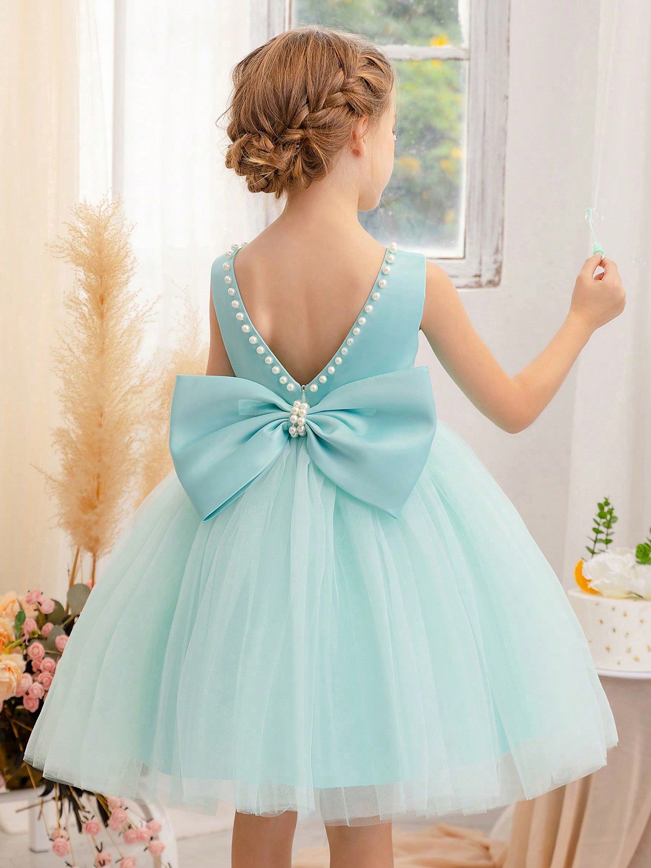 Young Girls Pearl Decorated Bow Tie Deep V Back Princess Dress, Suitable For Birthday Party, Ceremony, Wedding, Flower Girl, Stage Performance