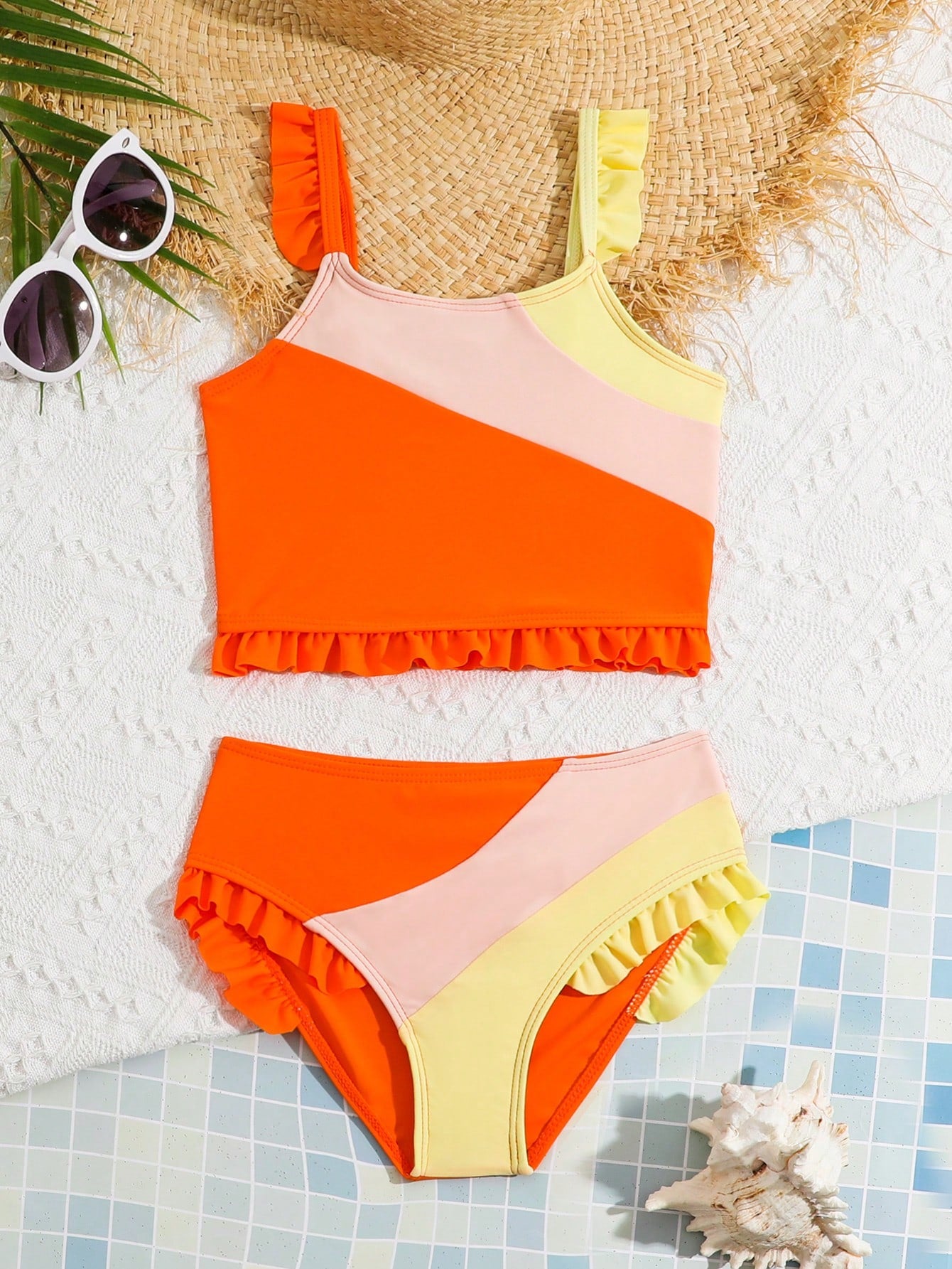 Young Girl Summer Beach Colorblock Ruffle Trim Tankini Swimsuit Set Bathing Suit