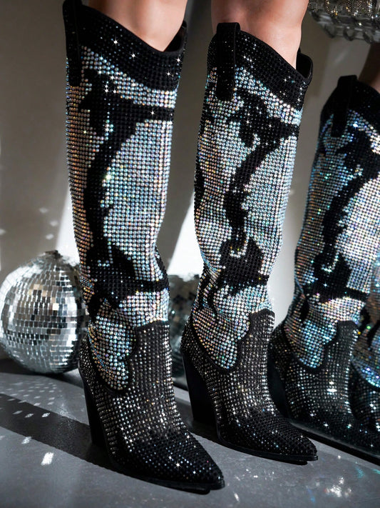 Rhinestone Embelished Western Inpired Knee High Boots