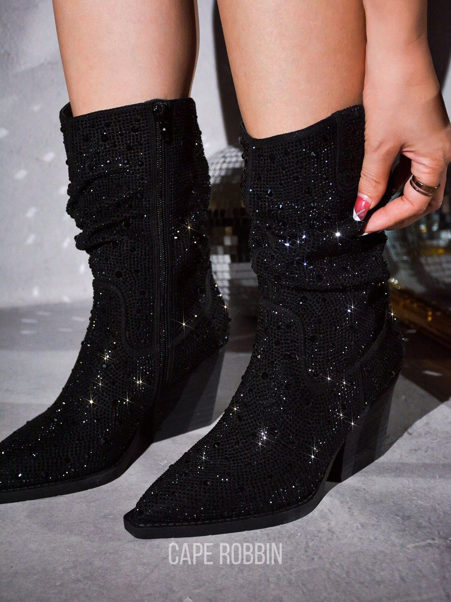 Jehanna Rhinestone Side Zipper Pointed Toe Slouch Booties