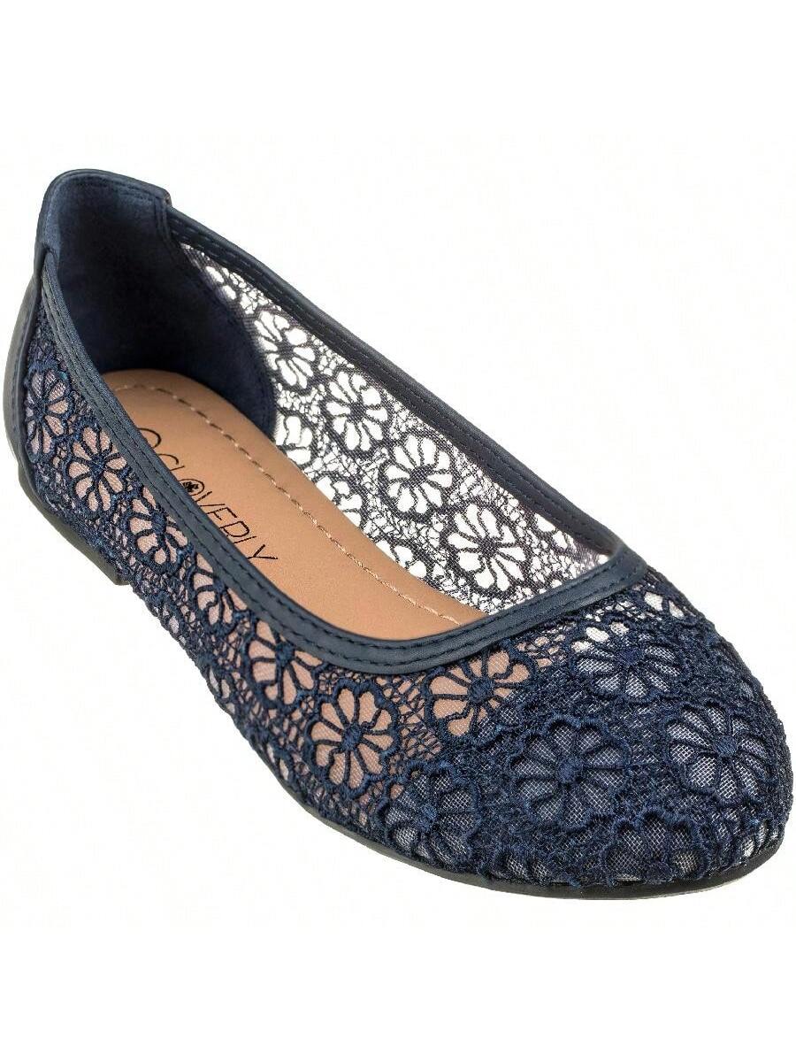 Women's Ballet Flats Cut Out Round Toe Slip On Floral Ballet Lace Flats Breathable Crochet Lace Ballet Flats