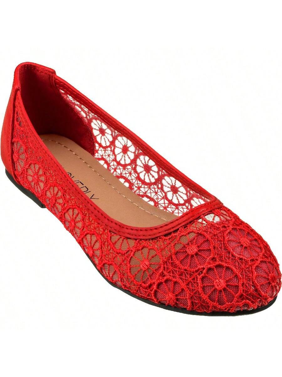 Women's Ballet Flats Cut Out Round Toe Slip On Floral Ballet Lace Flats Breathable Crochet Lace Ballet Flats