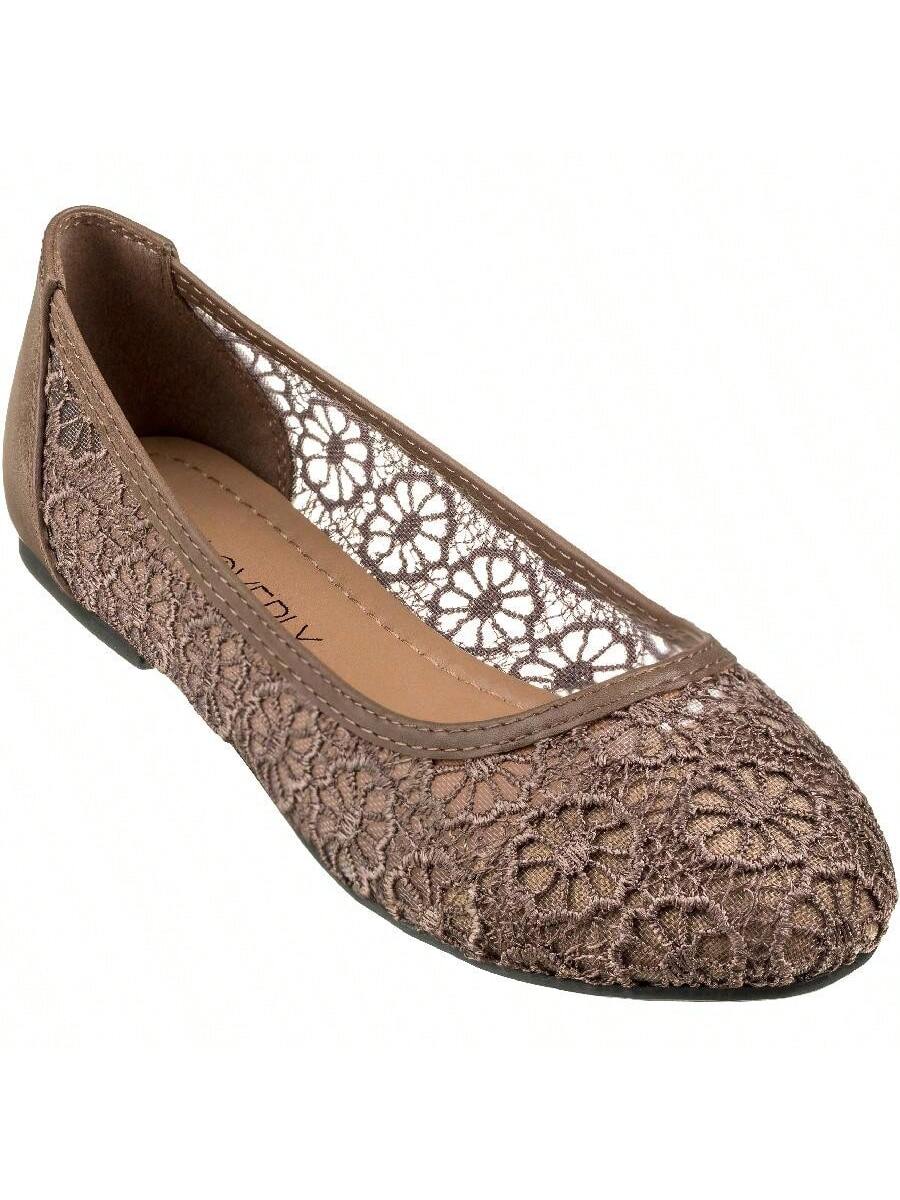 Women's Ballet Flats Cut Out Round Toe Slip On Floral Ballet Lace Flats Breathable Crochet Lace Ballet Flats