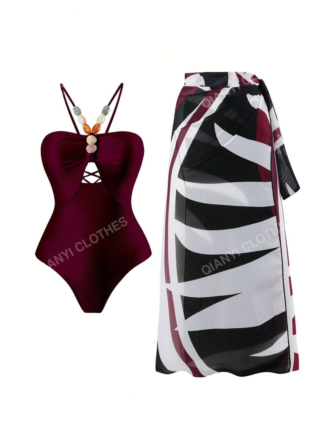 2023 New Style Women's Vintage Spa Bathing Suit And Chiffon Cover-Up Skirt 2pcs Set, One Size