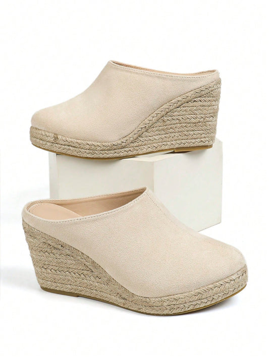 Round Toe Breathable Plush Fabric & Burlap Rope Fashion Wedge Heel Women's Slippers