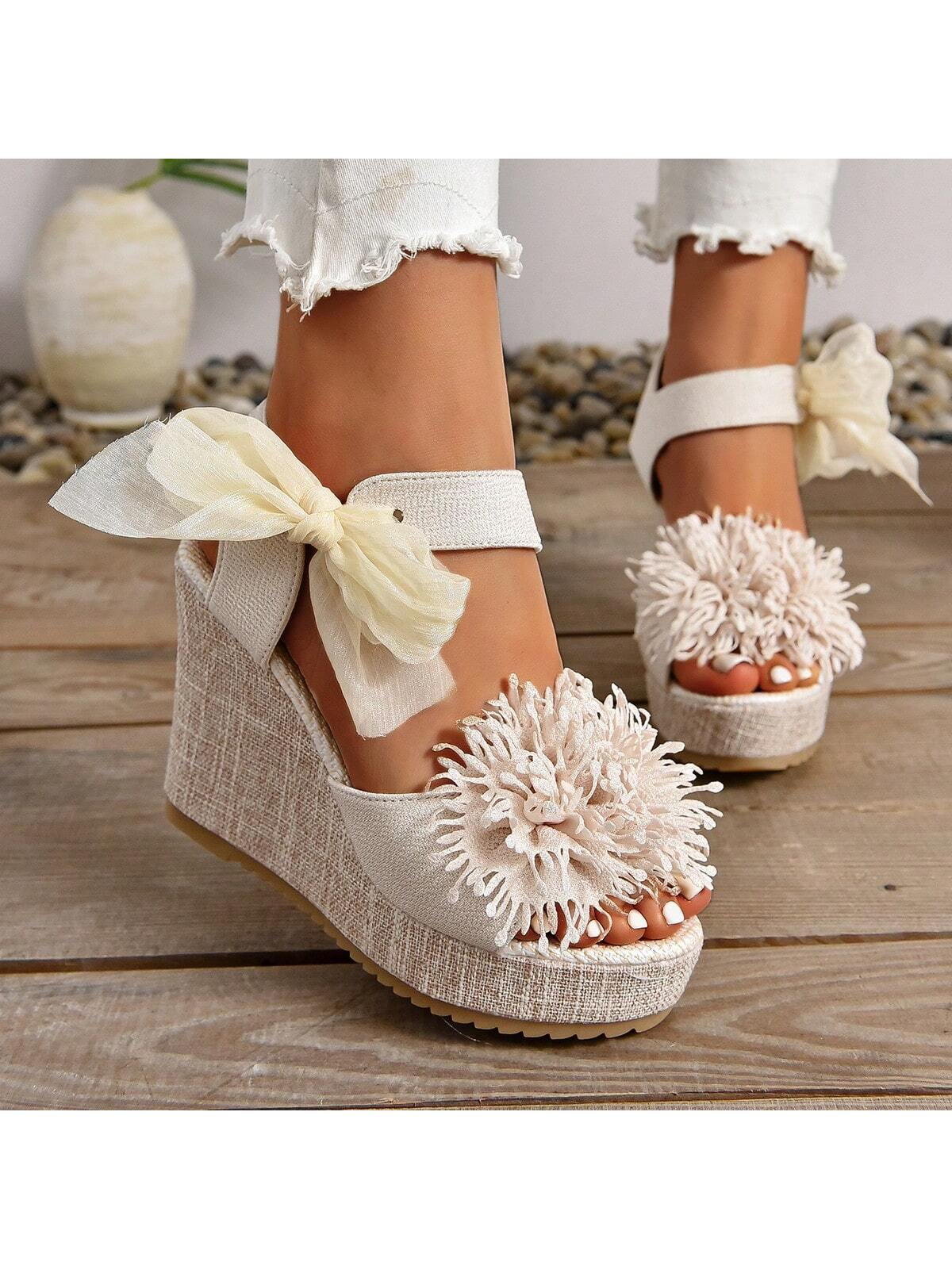 New Handmade Solid Color Floral Wedding Wedge Heels With Lace Bowknot, Waterproof Platform, High Heel Sandals For Plus Size Women, Summer