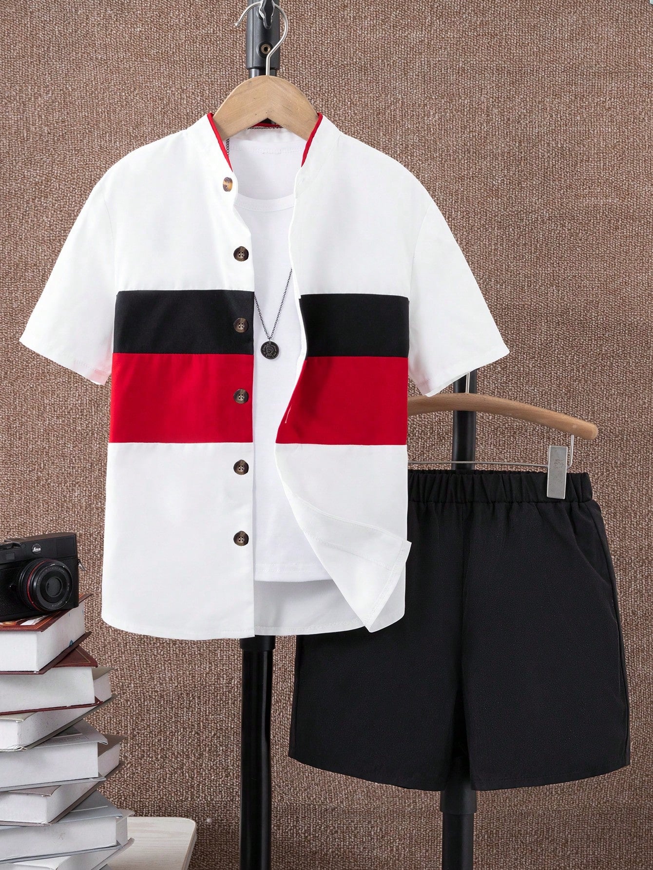 2pcs Tween Boys' College Style Short Sleeve Shirt And Shorts Set Color Block