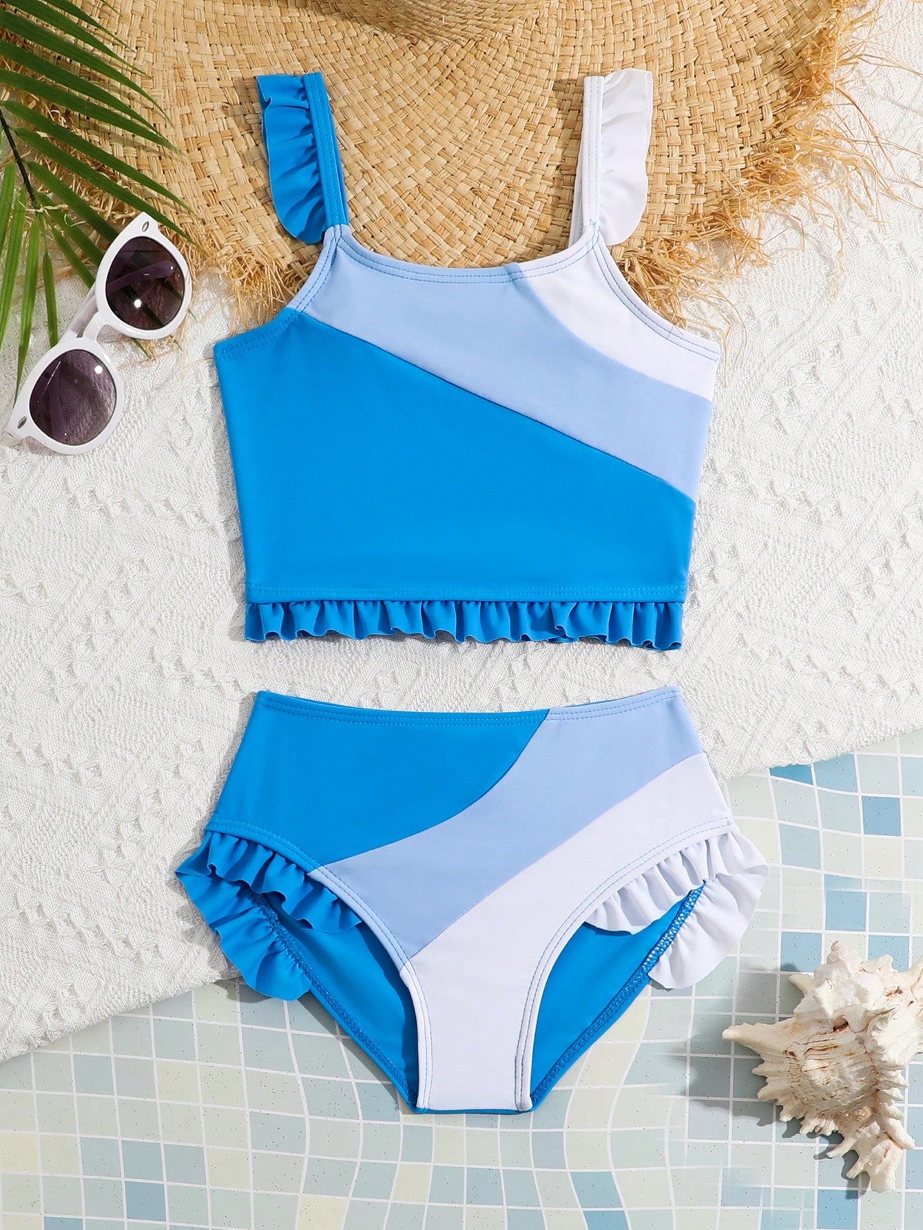 Young Girl Summer Beach Colorblock Ruffle Trim Tankini Swimsuit Set Bathing Suit