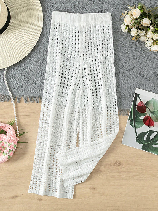 Tween Girls' White Beach Cover-Up With Hollow Out Design And Knitted Pants, Comfortable & Loose Fit, Suitable For Beach Vacation With Swimwear, Summer