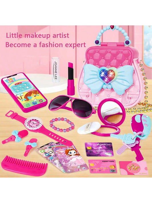 1set 30pcs Girls' Pretend Play Makeup Toy Set Including Princess Bag, Dress-Up Accessories, Birthday Gift