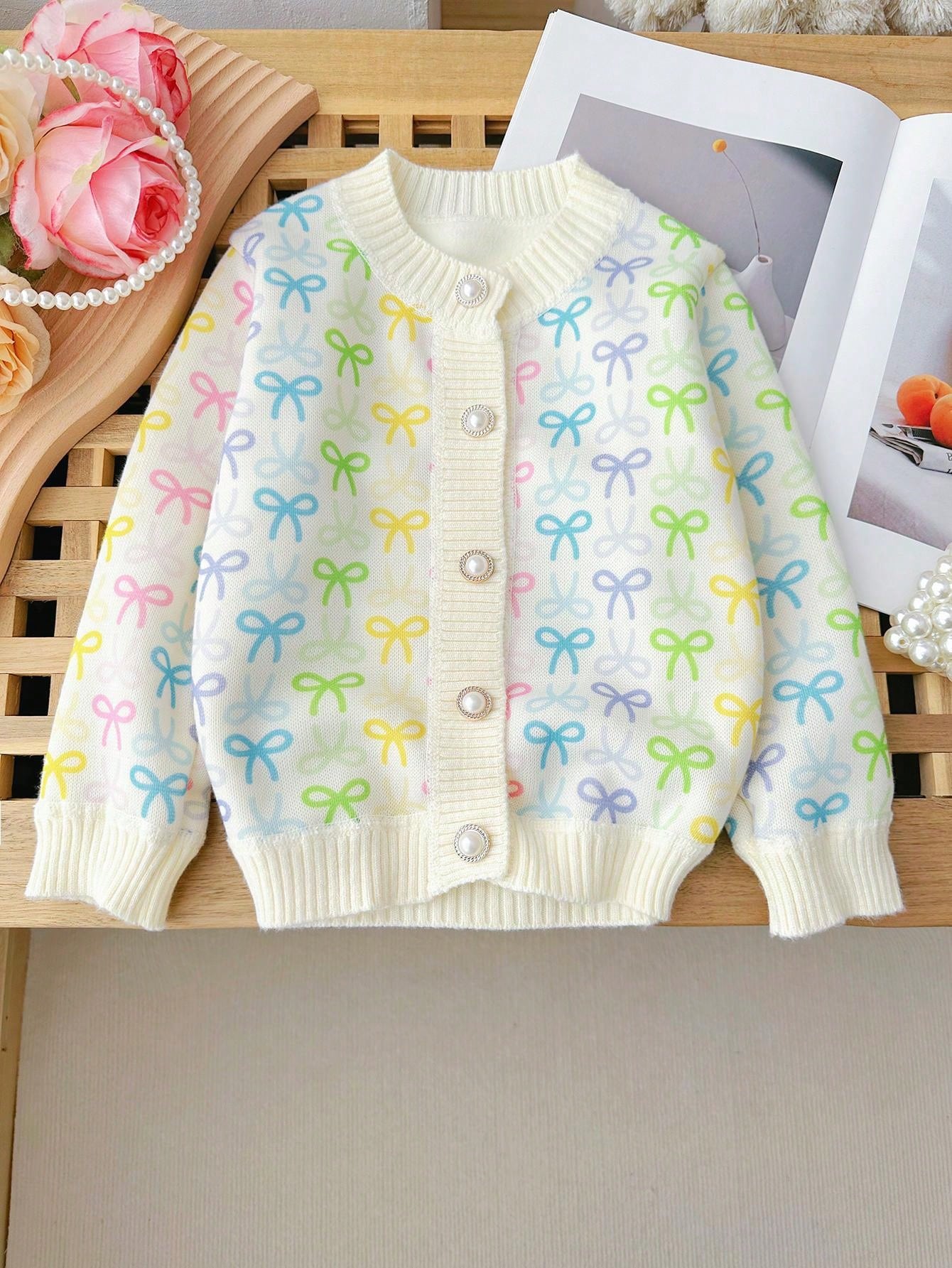 Young Girl Sweet Bowknot Jacket, 2024 New Spring Korean Style Knit Top For Children