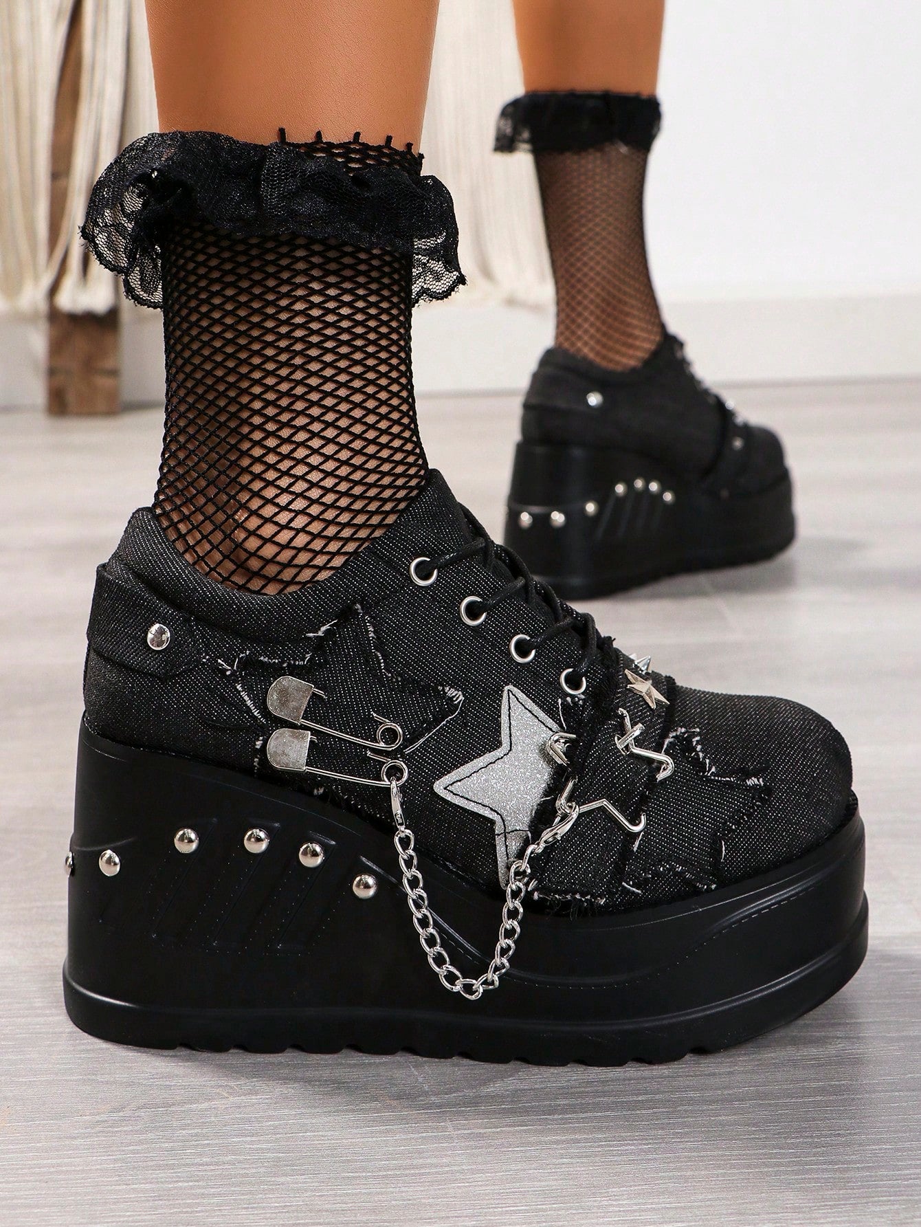 Black Punk Rock Shoes For Millennium Y2k Party, Lace-Up Thick-Bottom Mary Jane Shoes, Gothic Thick-Bottom Canvas Shoes, Women's Wedge & Thick-Bottom Shoes