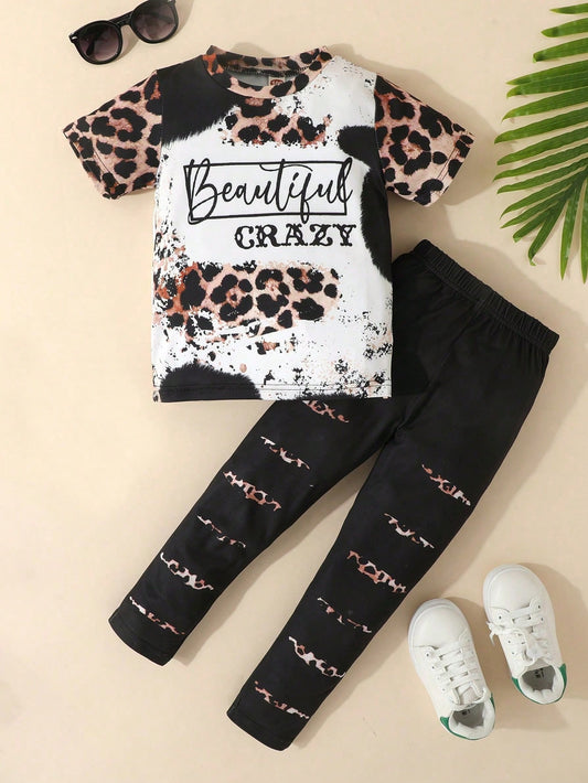 2pcs Young Girl Casual Style Letter & Leopard Print Short-Sleeve Knitted T-Shirt And Long Pants Set, Spring/Summer