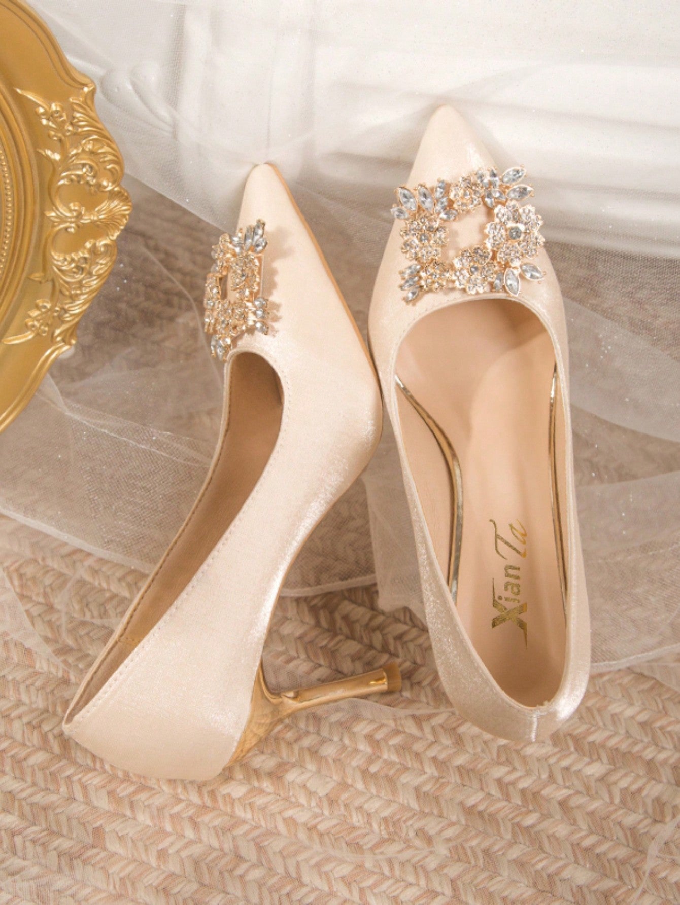 Women's French Style High Heels Princess Shoes With Rhinestone & Bowknot Decoration, Suitable For Wedding And Bride