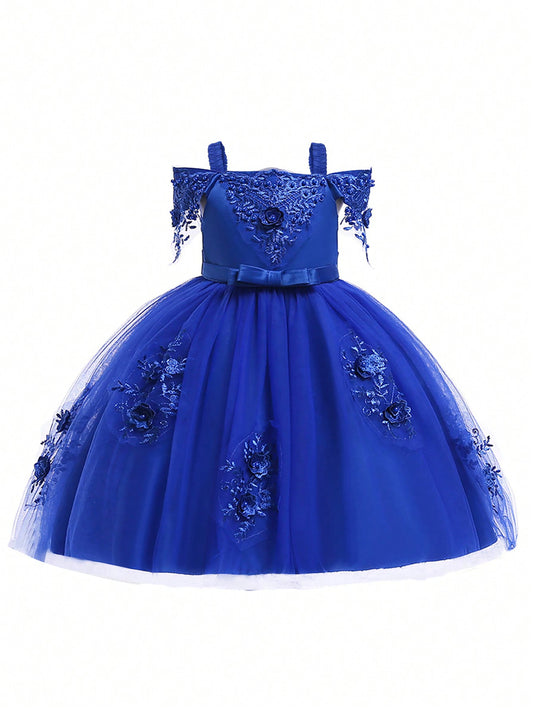 Tween Girl Mesh Splicing Off-Shoulder Embroidered Applique Glamorous Cute Puffy Formal Dress Suitable For Catwalk And School Performance(Excluding Hair Accessories)