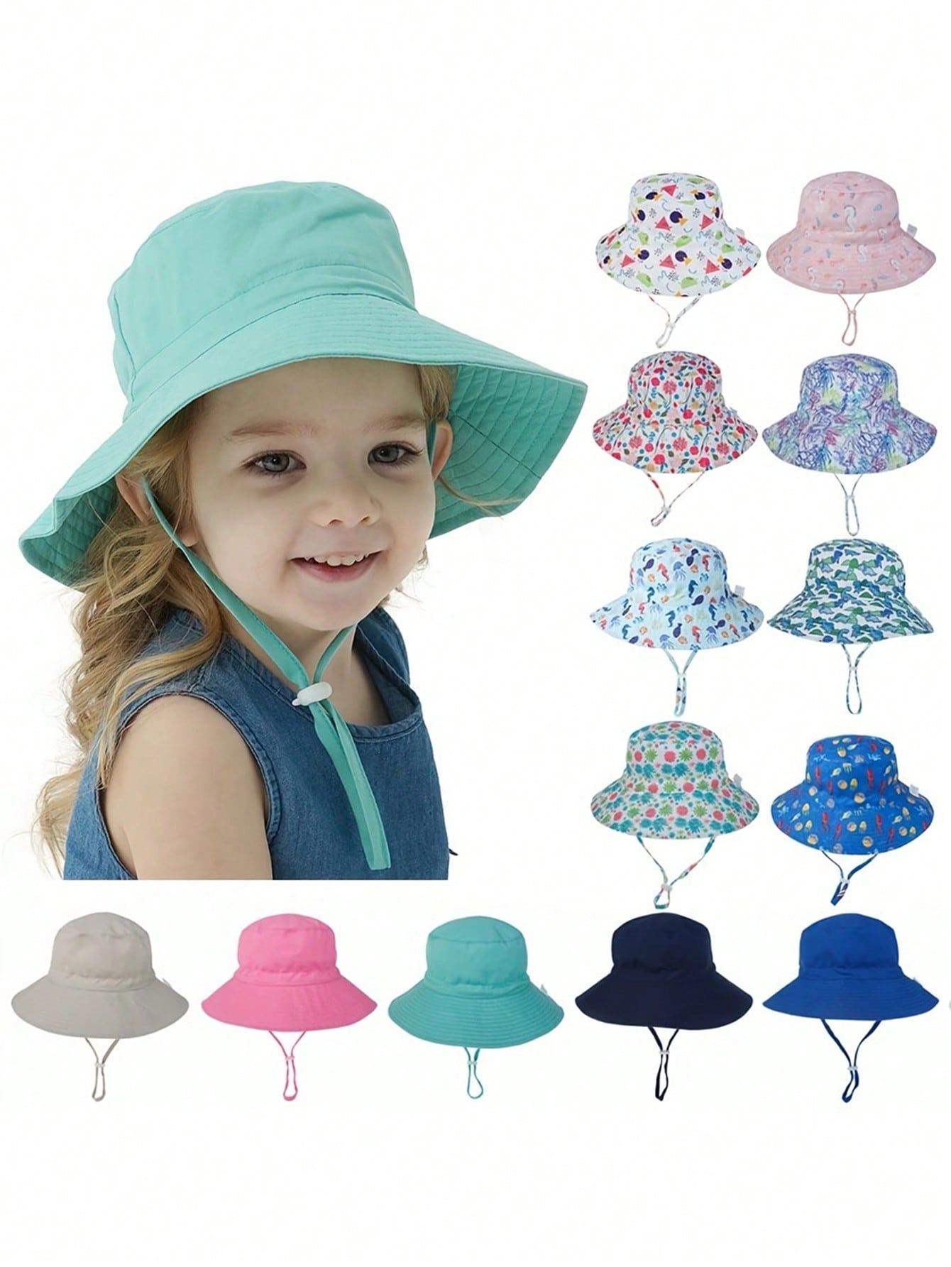 1pc Kids' Wide Brim Sun Hat With Printed Pattern, Breathable Beach Bucket Hat, Summer