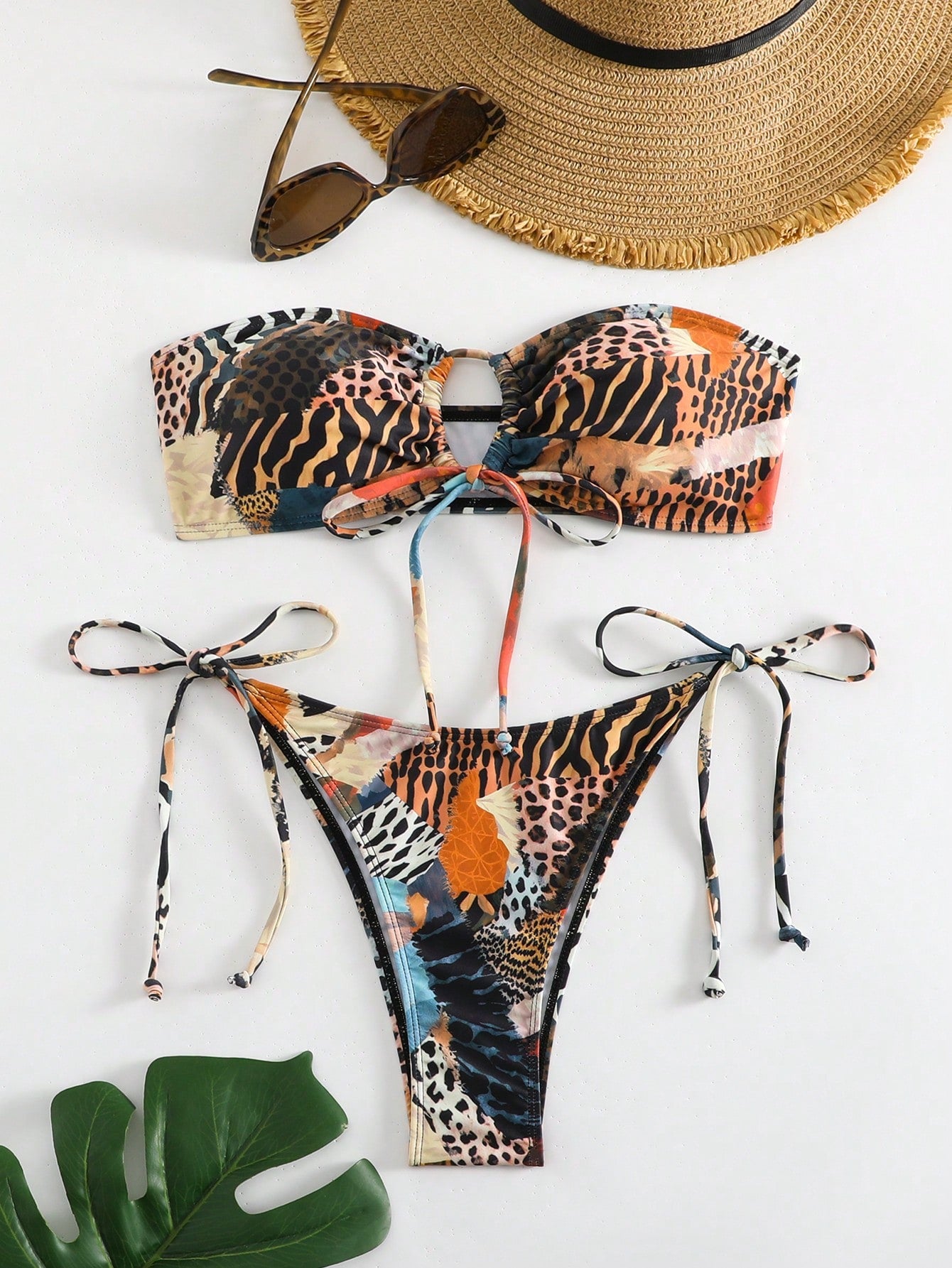 Swim Women's Animal Print Splice Bandeau Bikini Set, Printed Design Random, Strapless Bikini Set Bathing Suit Beach Outfit Summer Vacation,Summer Beach