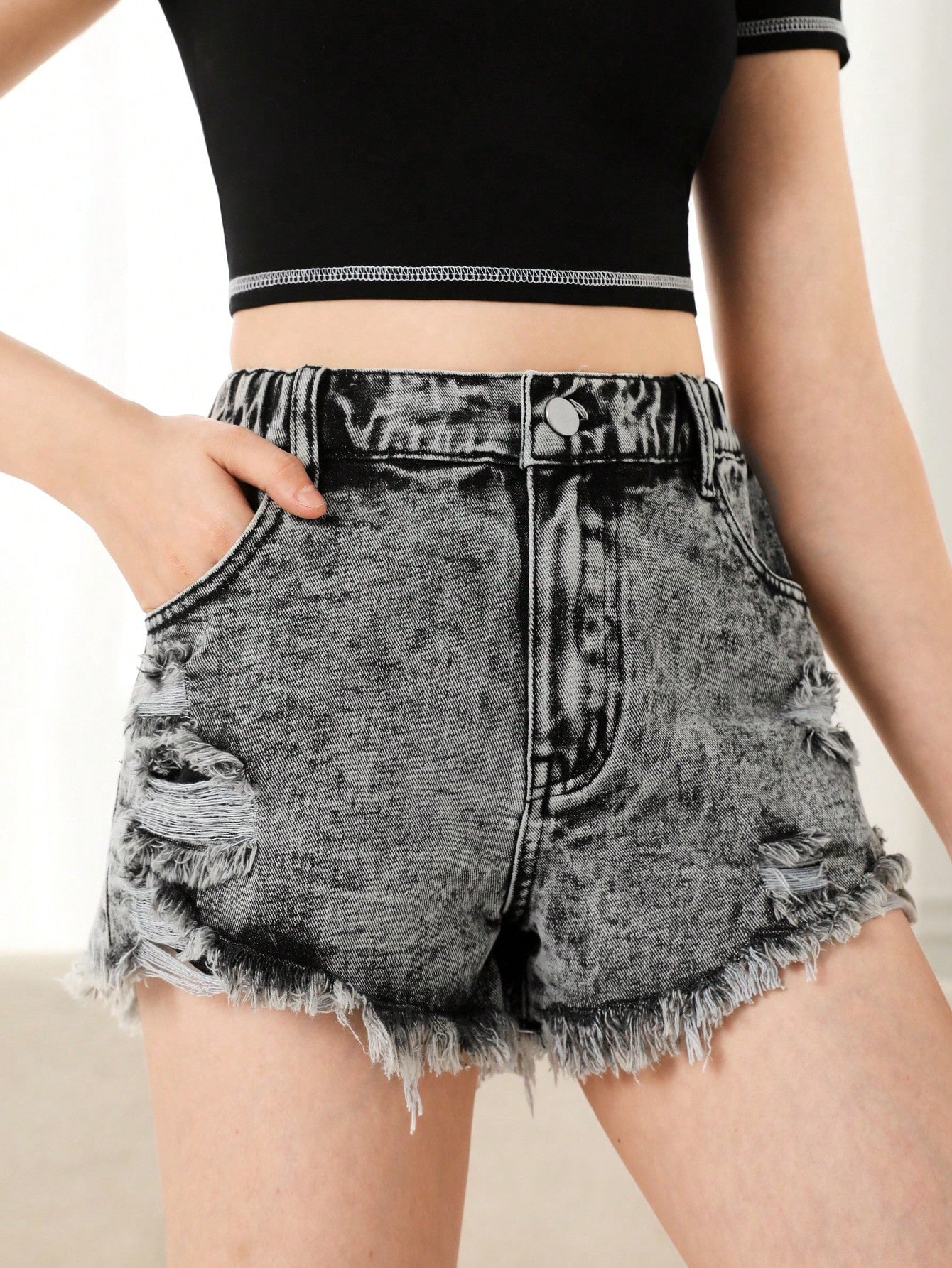 Teenage Girls' Street Style Fitted Denim Shorts Without Elasticity