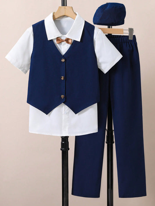 Tween Boys' Single Breasted Suit Vest And Pants With Hat Gentleman Outfit