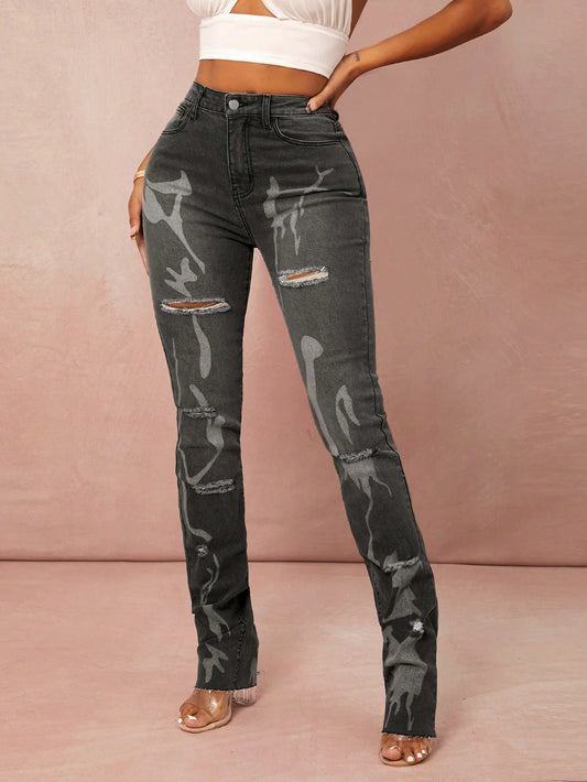 High Waisted Graphic Ripped Jeans