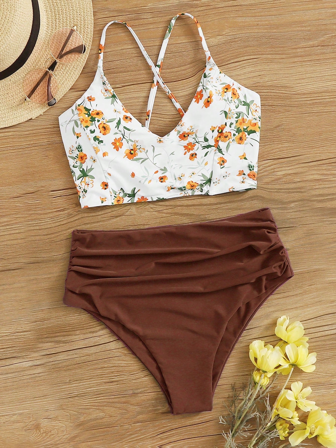 Swim Summer Beach Floral Patchwork Print V-Neck Bikini Set, Bikini Set