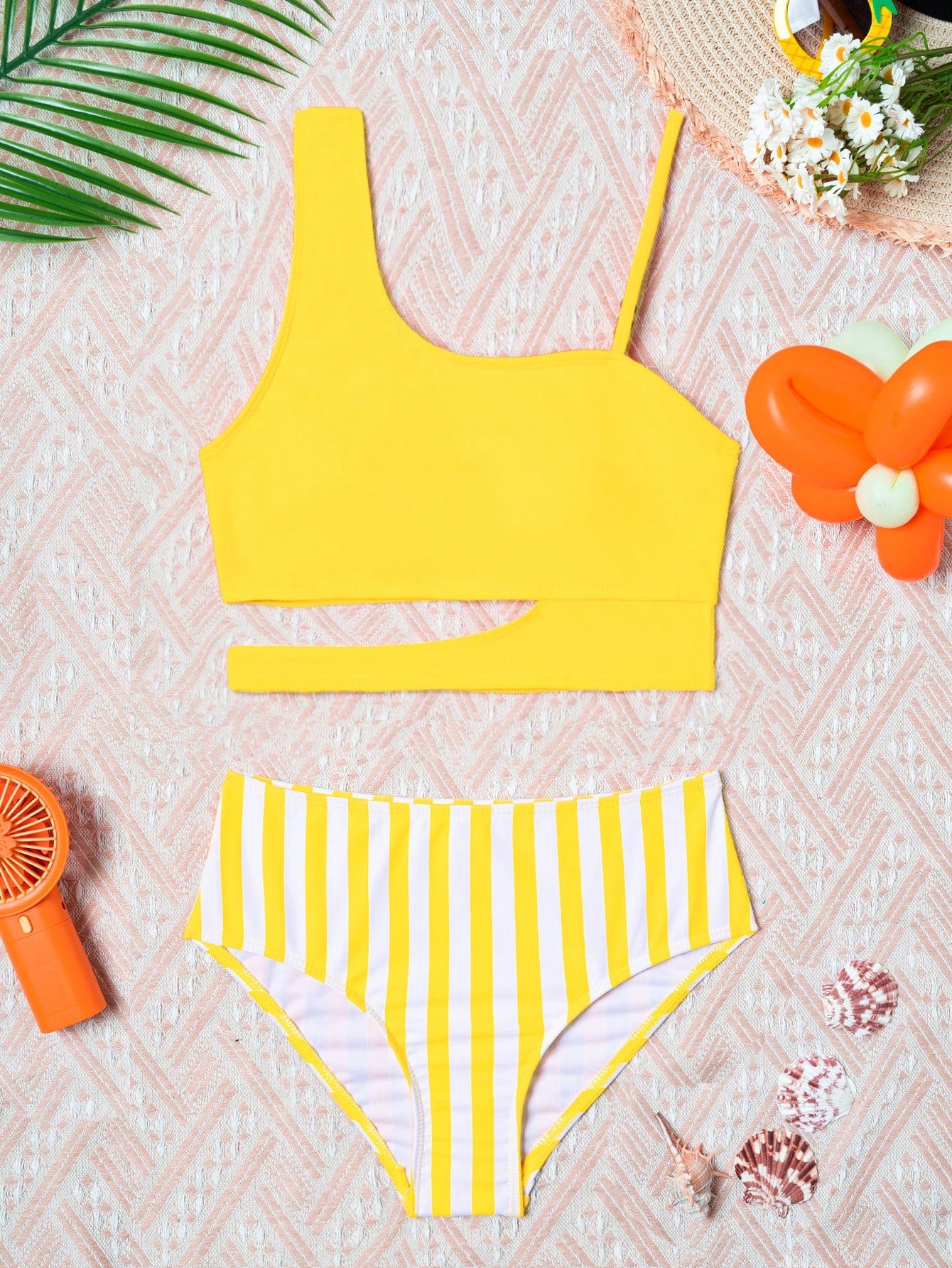 Tween Girl Striped Cut Out Asymmetrical Neck Cut Out Bikini Set Summer Beach