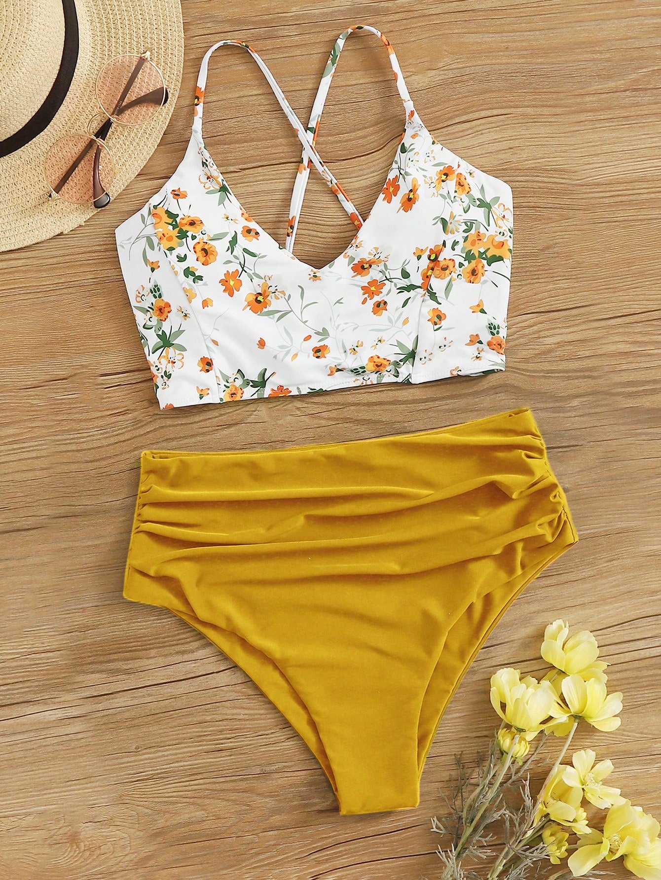 Swim Summer Beach Floral Patchwork Print V-Neck Bikini Set, Bikini Set