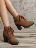 Elegant Women's Fashion Boots With Buckle Decoration, Lace-Up, Side Zipper And Chunky Heels
