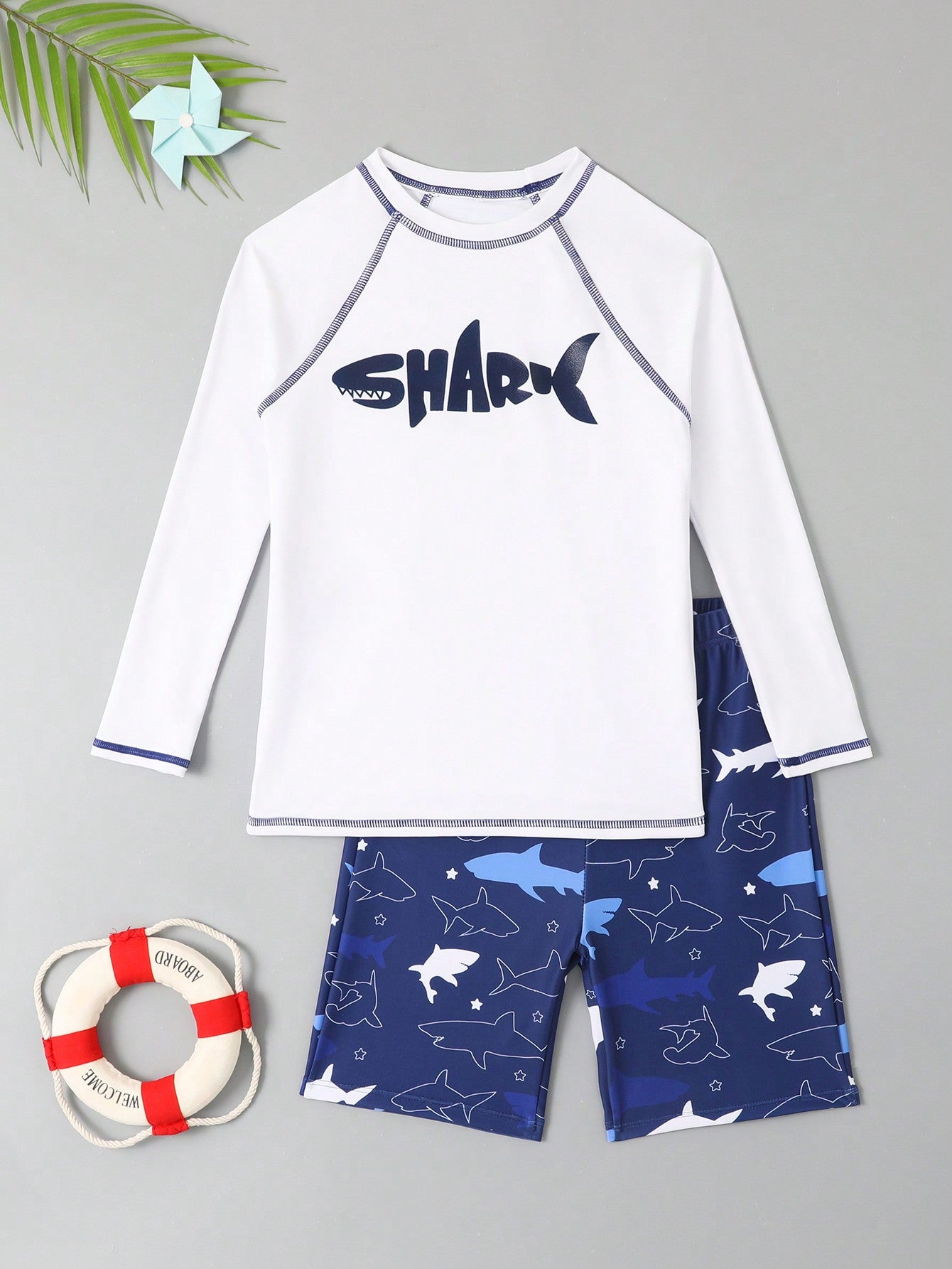 Tween Boys' Ocean Shark Printed Top And Shorts Swimsuit Set